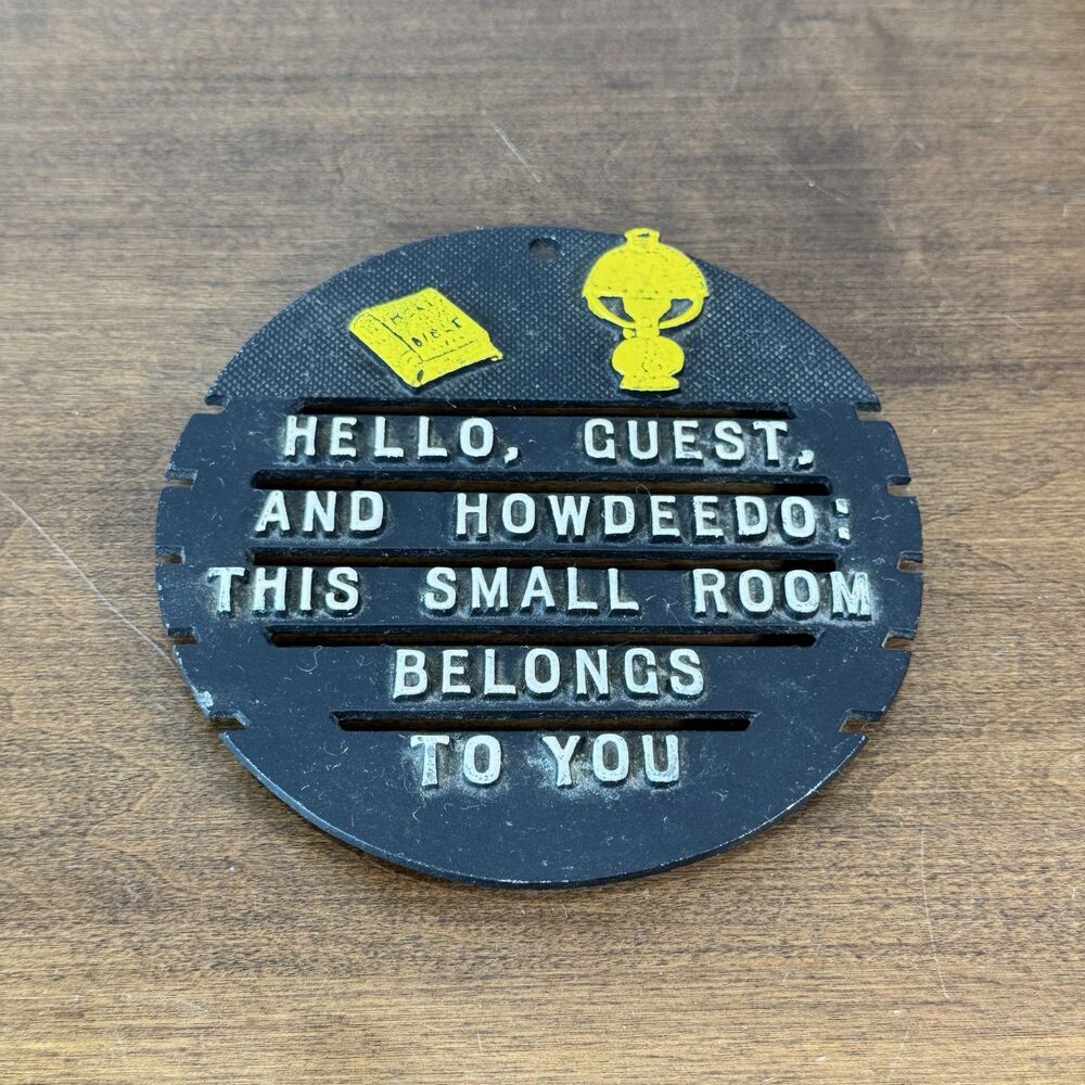 Vintage "HELLO, GUEST" Room Sign Plaque Cast Iron Black Yellow White Made in USA - Picture 2 of 5